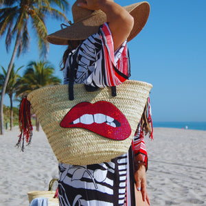 Chili Red Lips Straw Beach Bag