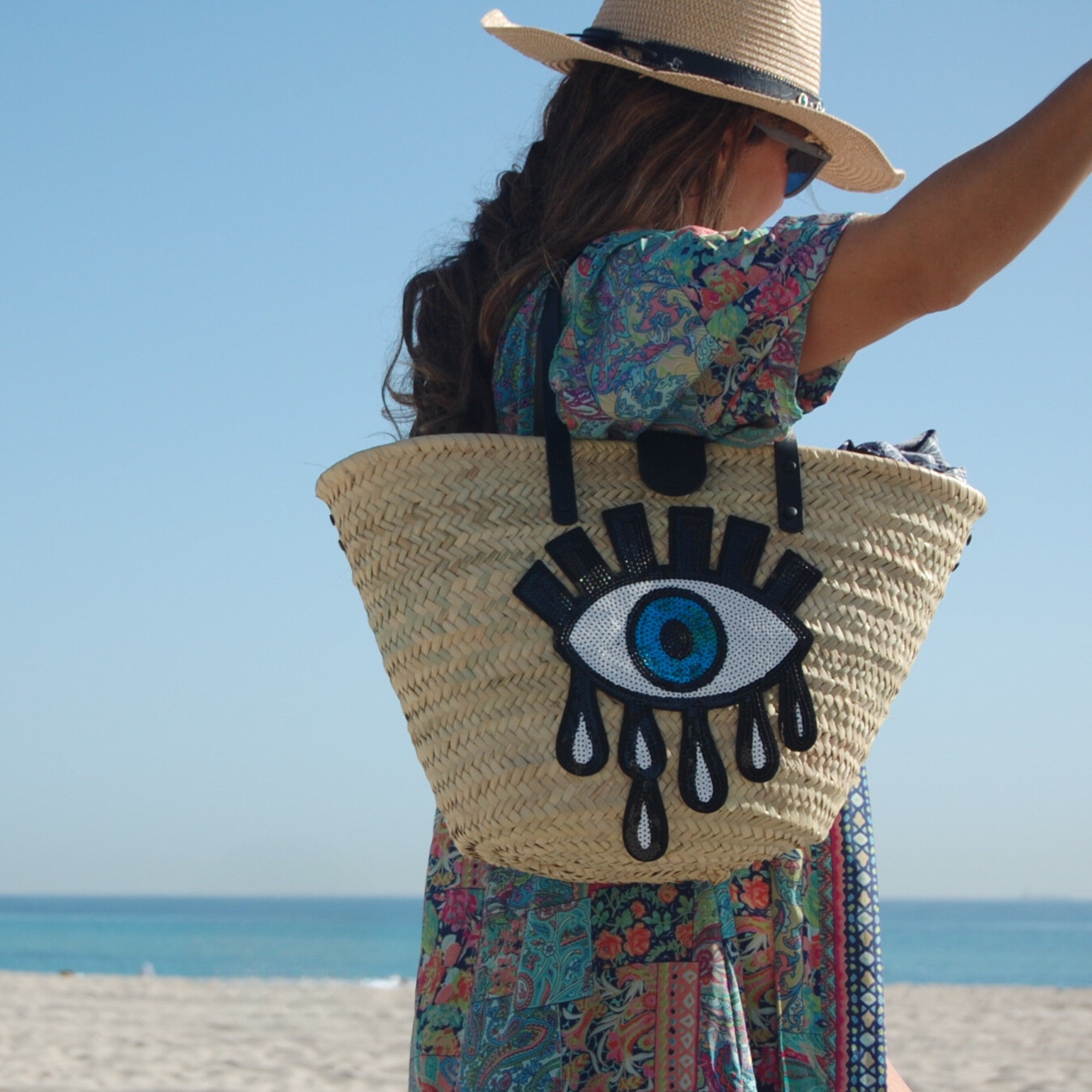 Evil eye straw bag sale