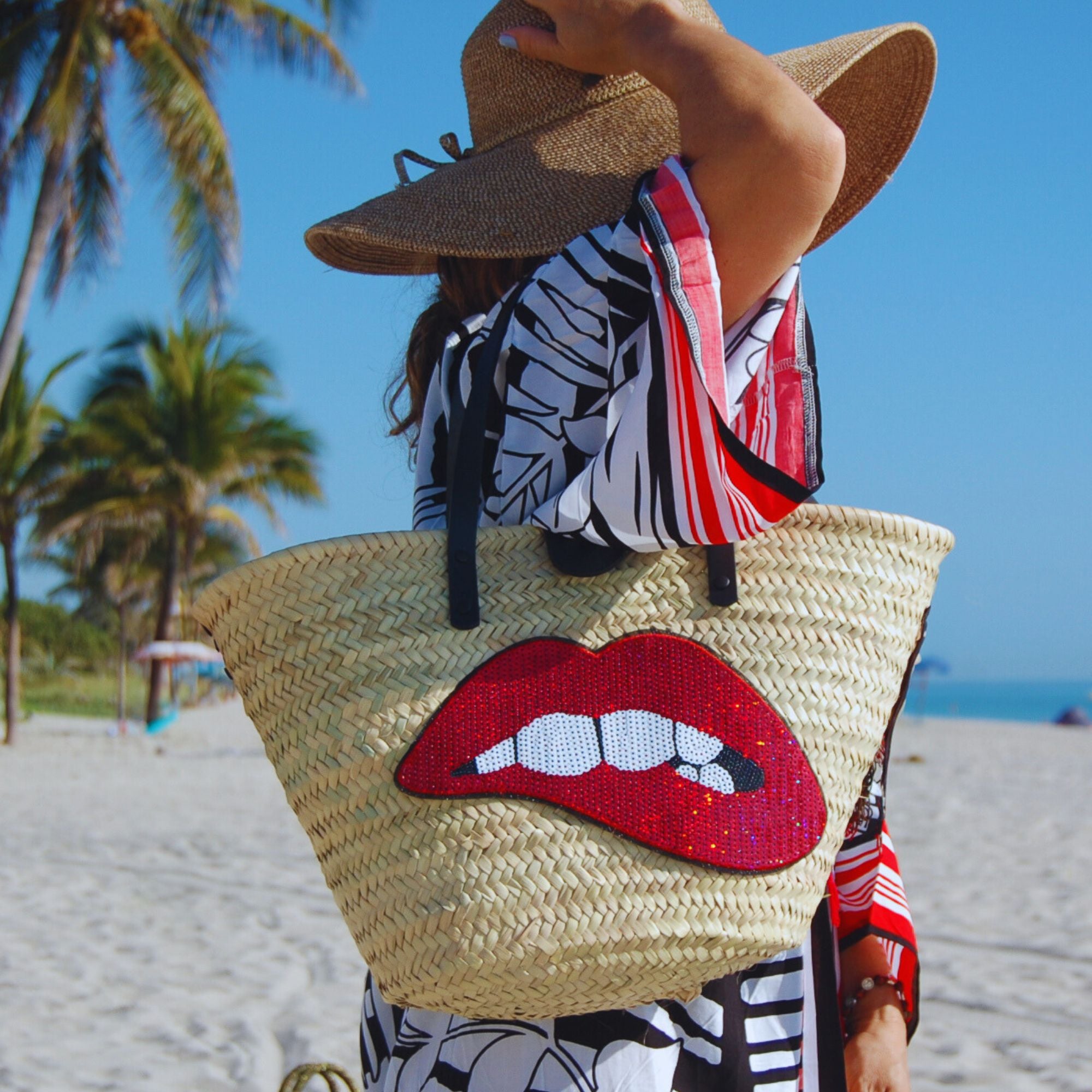 Chili Red Lips Straw Beach Bag