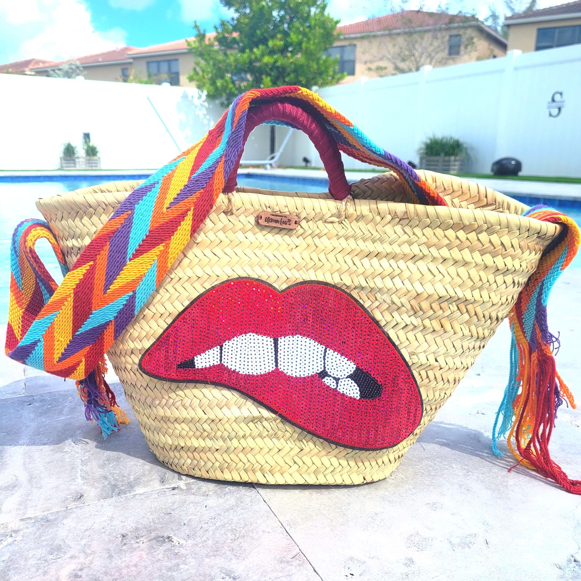 Multicolored Sequin Straw Beach Bag