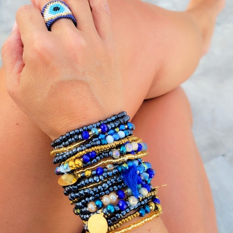 Blue EVIL EYE Adjustable Miyuki Ring