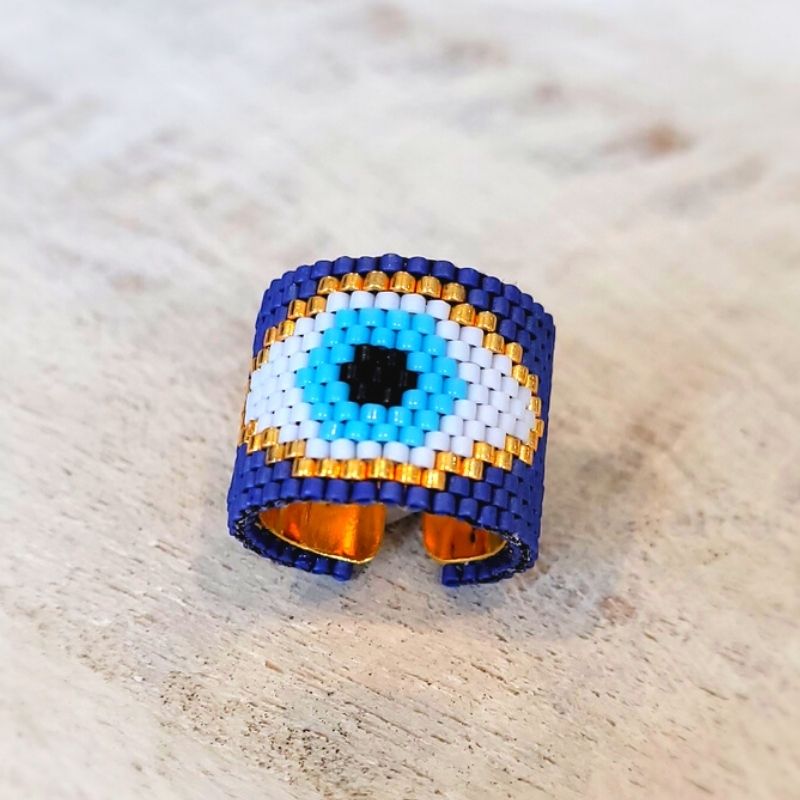 Blue EVIL EYE Adjustable Miyuki Ring
